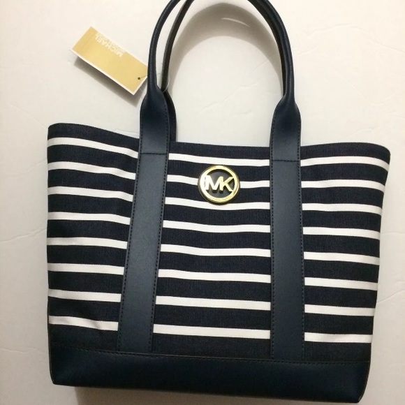 Michael Kors Handbags - MICHAEL KORS MK Fulton Navy Striped Canvas Tote